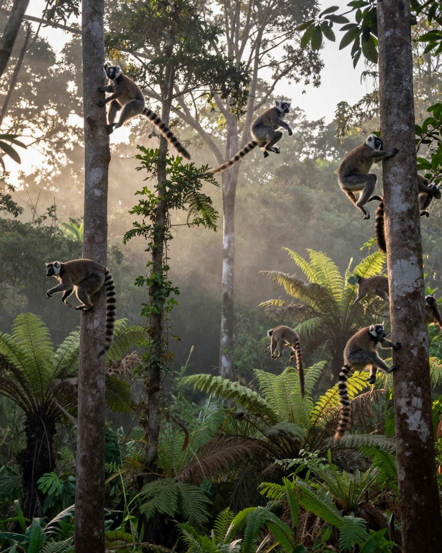 A troop of lemurs leaps between trees in a Madagascar forest at dawn.