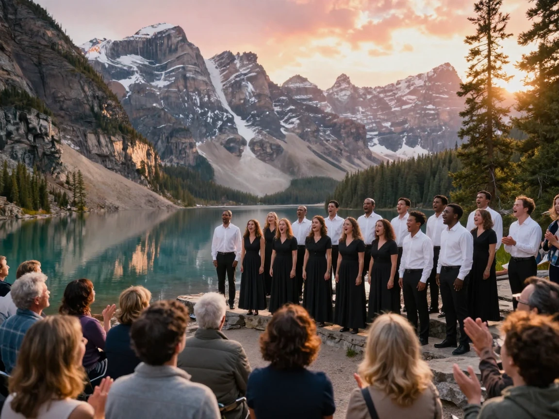 A group of choir singers performing for an enthusiastic crowd beside a mountain lake