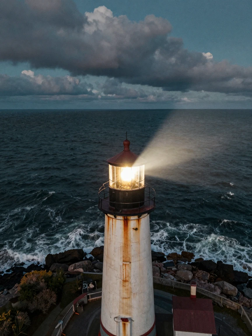 A lighthouse beam sweeping across a dark, restless sea, under moonlight, under a darkening storm sky, in early spring, with muted olive and rust colors, shot from directly overhead.