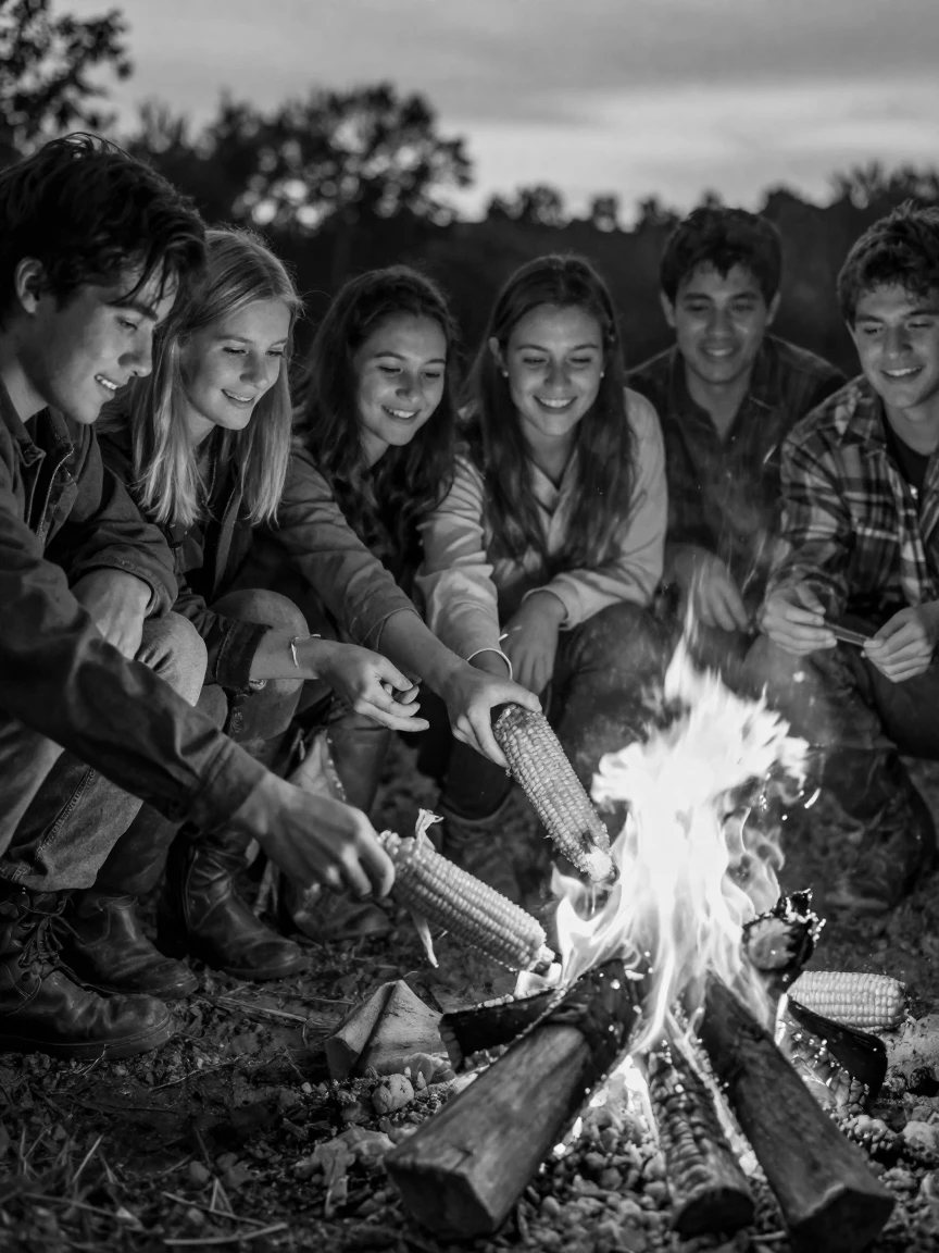 A group of friends roasts corn over an open fire beside a crackling bonfire.