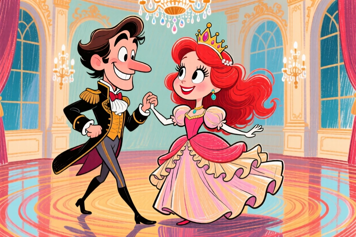 A royal ballroom scene with a prince and princess sharing an elegant waltz.
