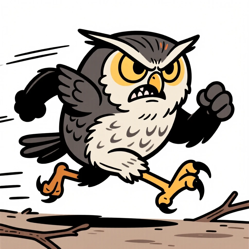 A charming animal moment featuring a grumpy owl racing forward with fierce determination, with feathers or fur puffed out dramatically.