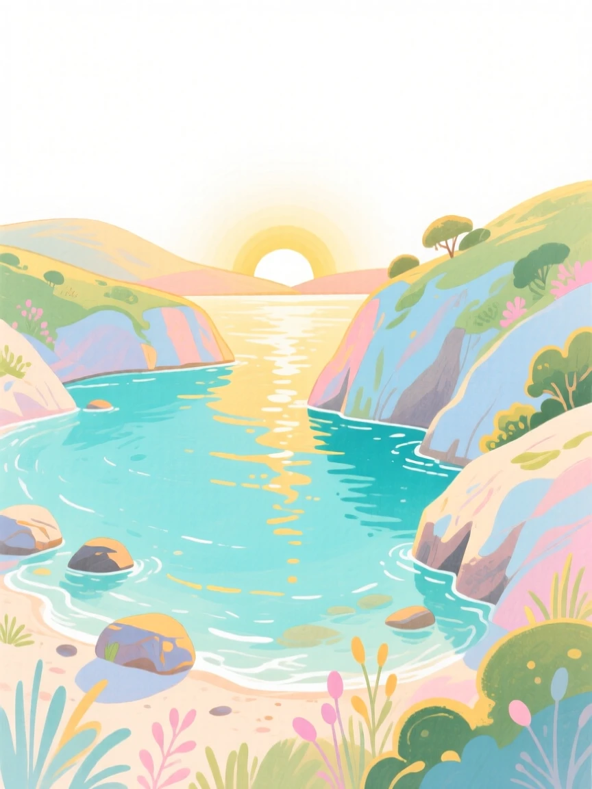 A serene landscape of a hidden cove with crystal-clear turquoise water at golden sunset