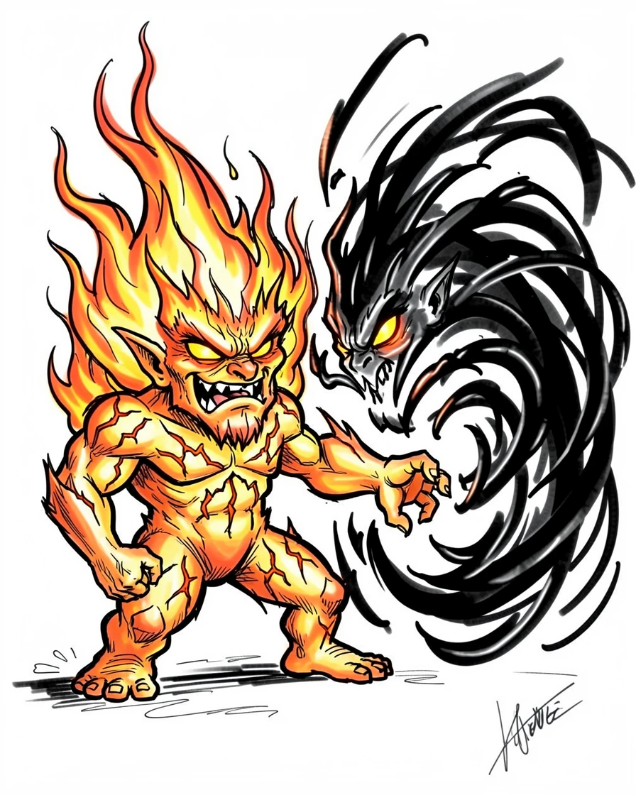 [Fantasy & Imaginative Scenarios] Imaginative fantasy scene of an ancient fire elemental battling a swirling storm of dark magic, brimming with wonder