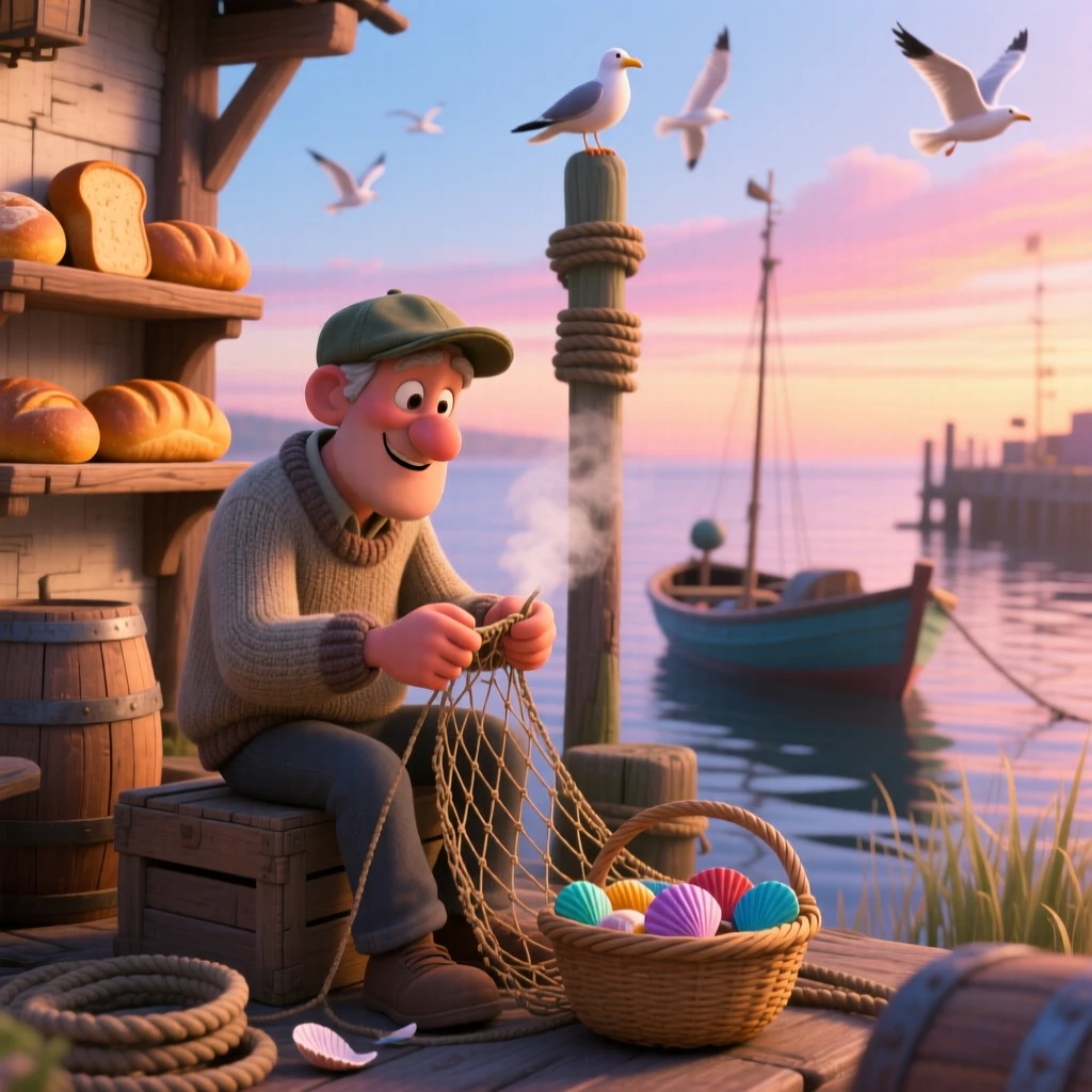 A fisherman mending nets at a small harbor is captured at a small fishing harbor at dawn, with fresh bread cooling on a nearby rack. The atmosphere feels cozy, human, and full of small joys.
