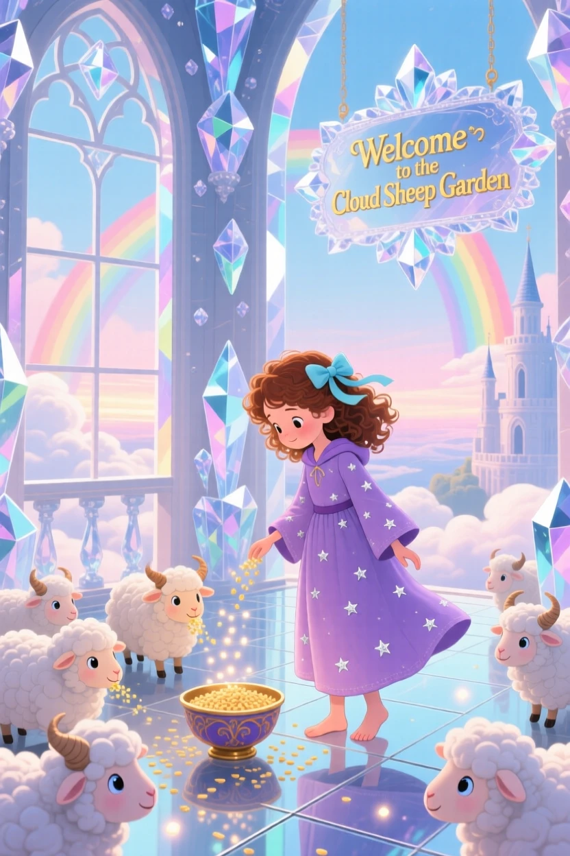 A young sorceress is feeding a flock of tiny cloud sheep in a castle made of crystal, with clouds drifting lazily below.