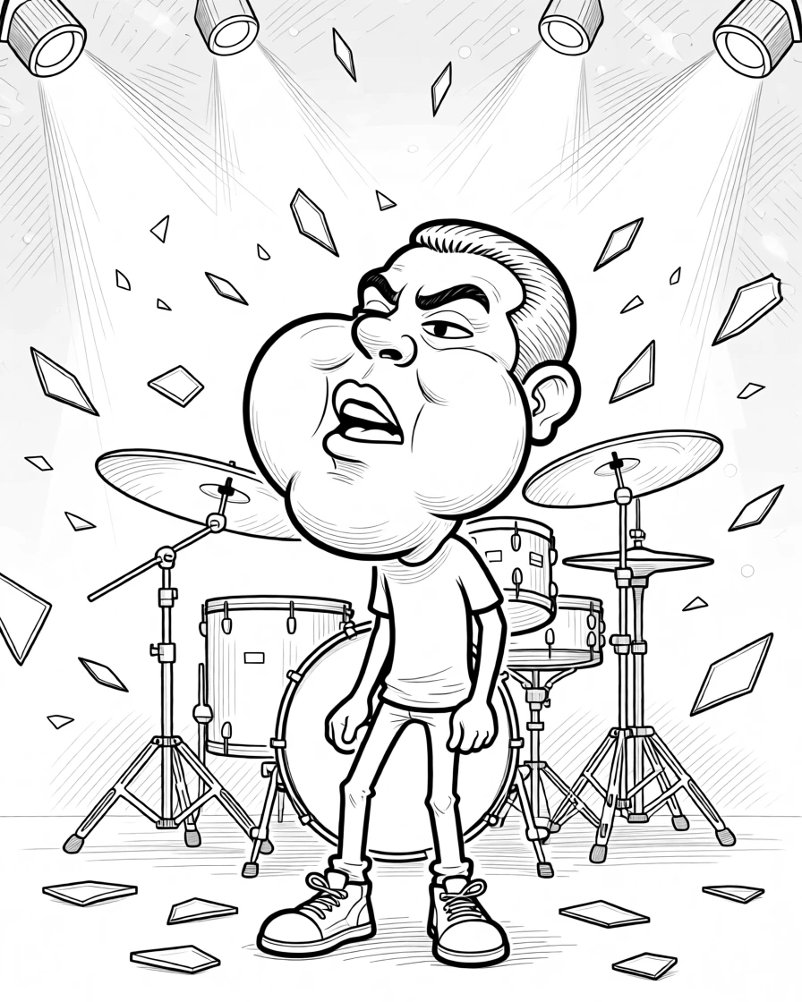 A beatboxer puffing out comically exaggerated cheeks, stomping out a fierce, rapid-fire rhythm, set behind a gleaming drum kit under stage lights. Shards of glass catch the stage lights as they fall. The image feels like the exact instant a song becomes unforgettable.