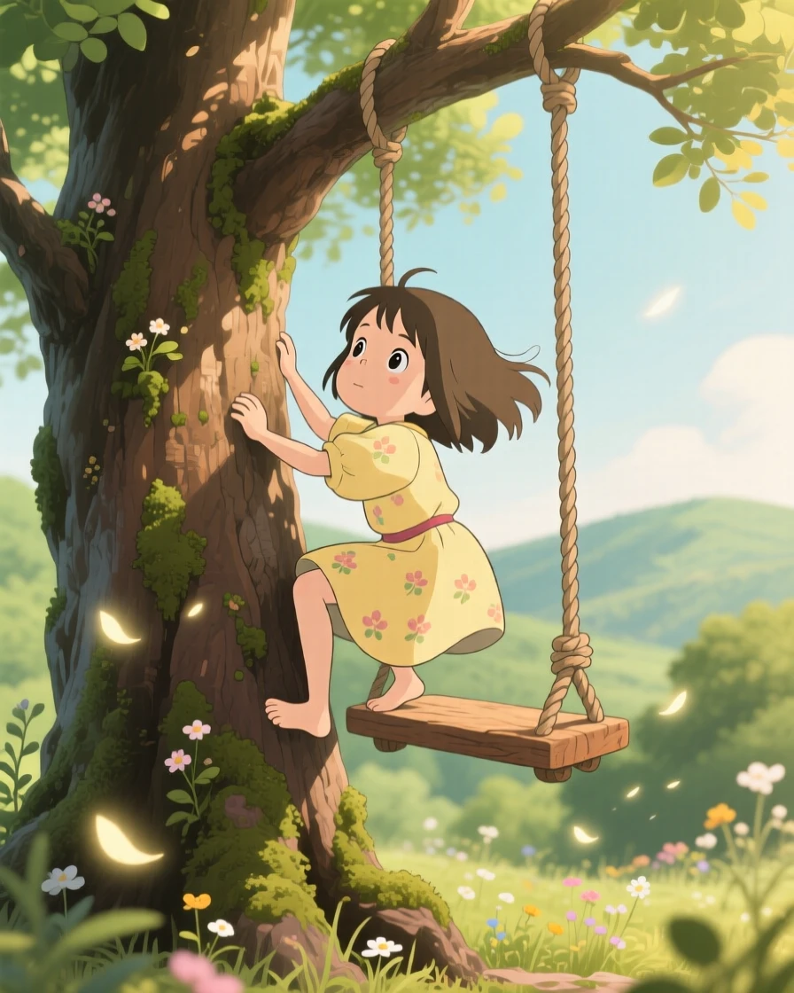 A girl climbing a tree to reach a rope swing, the moment bursting with curiosity.