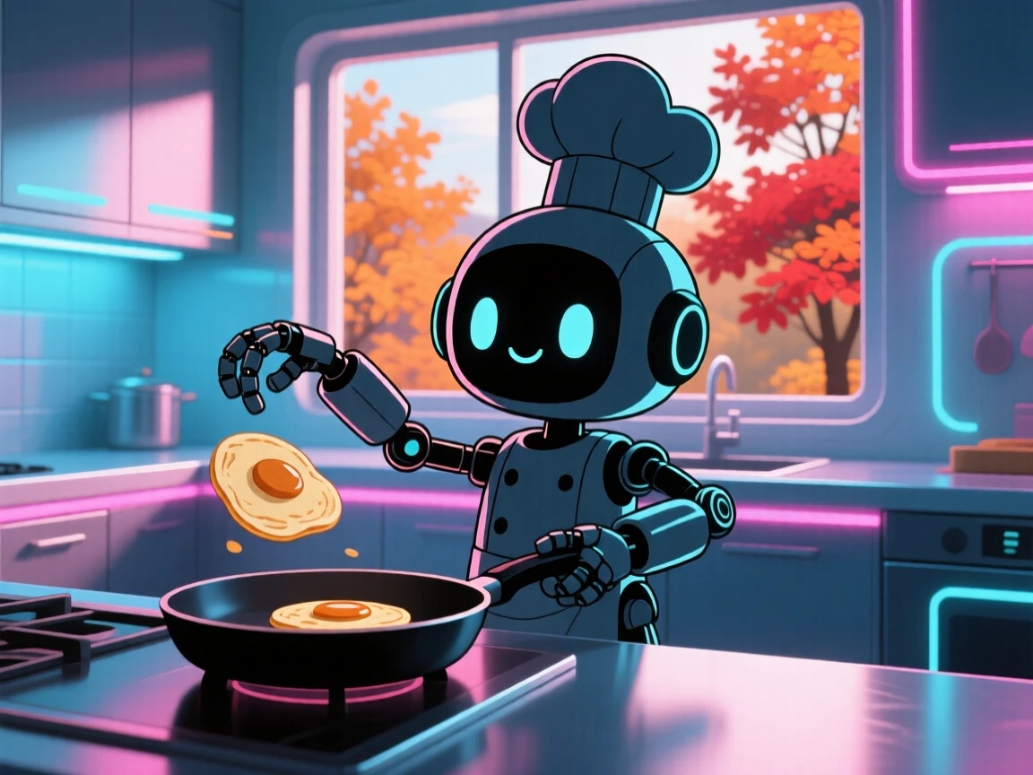 In a sleek futuristic kitchen, a small robot chef is flipping a pancake with mechanical arms on a crisp autumn afternoon, bathed in neon-lit glow, expression full of quiet contentment. Shot as a silhouette composition.