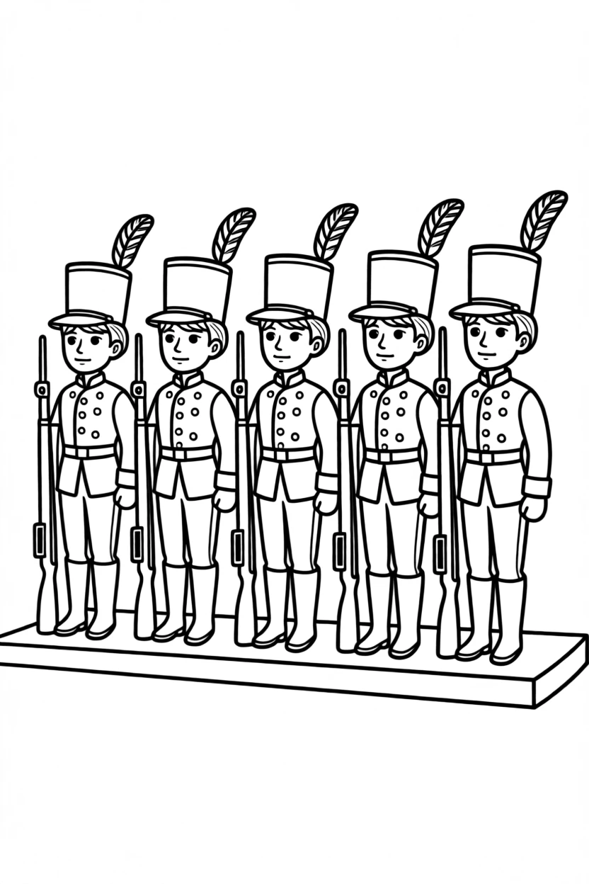 A row of toy soldiers standing guard on a shelf