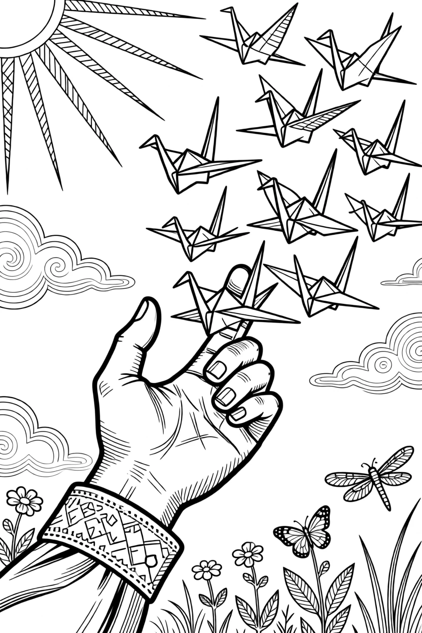 A hand releasing a flock of paper birds into an open sky.