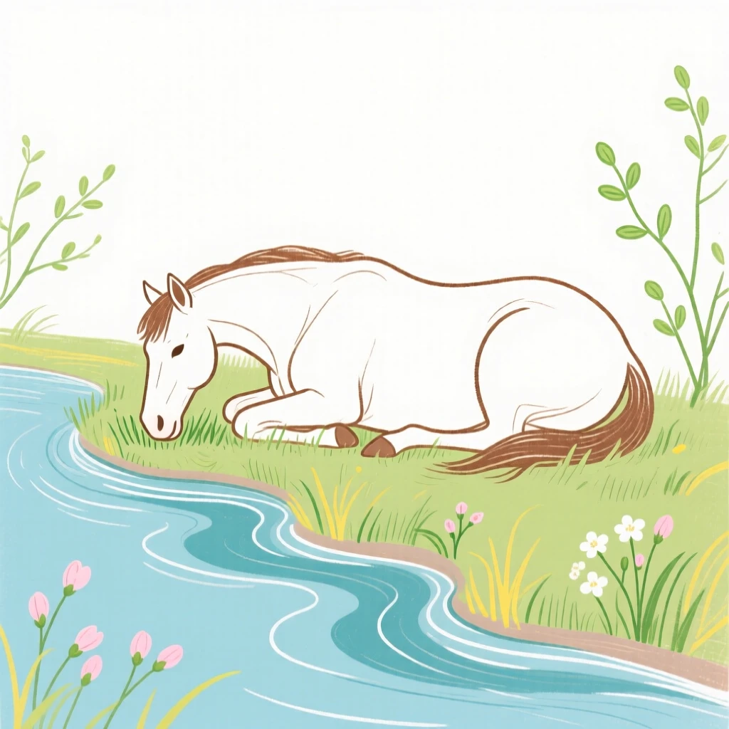 A grazing horse curled up together along a quiet riverbank in early spring.