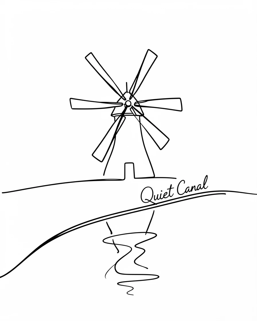 A traditional Dutch windmill standing beside a quiet canal
