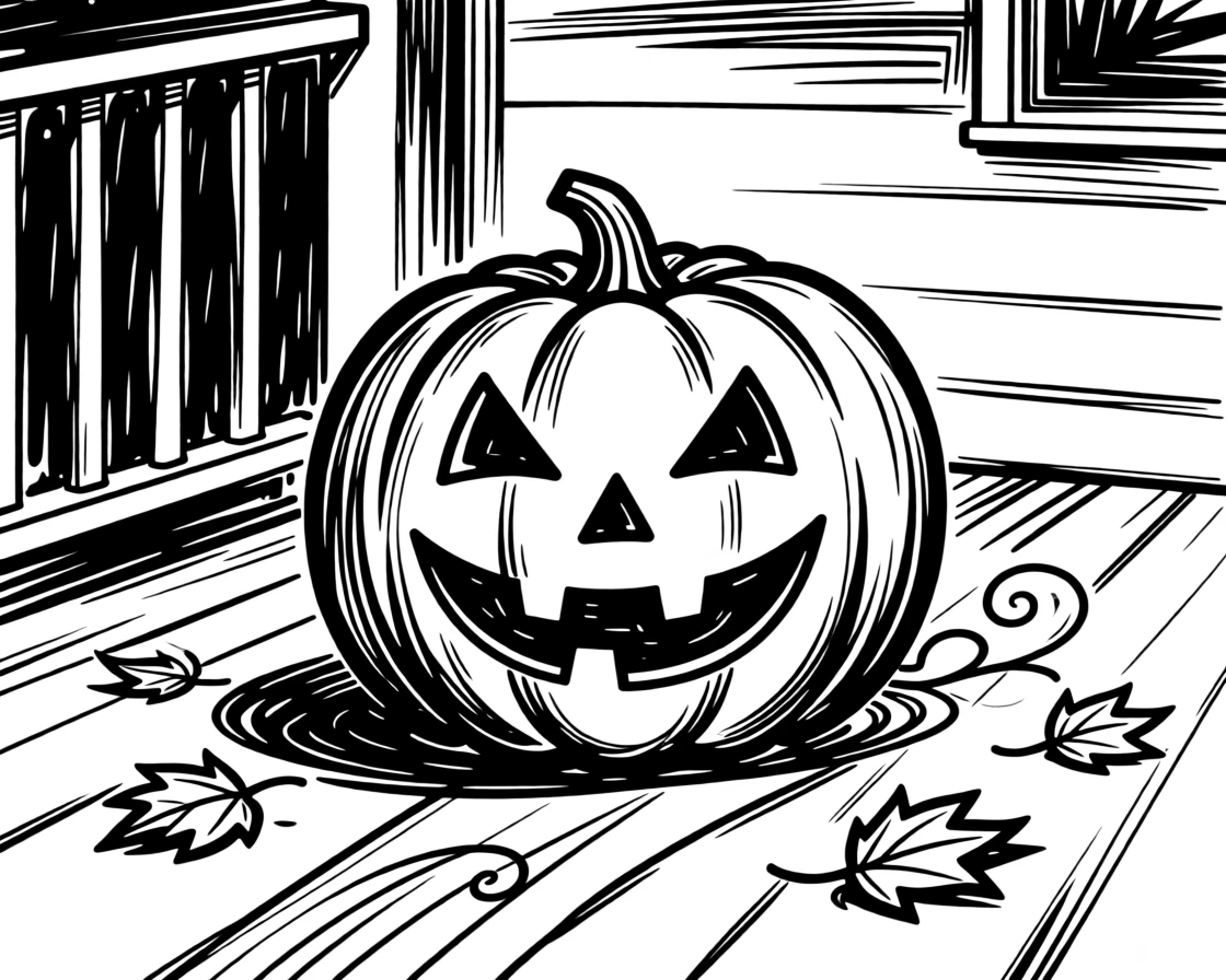A Halloween pumpkin carving scene on a porch with autumn leaves scattered around.
