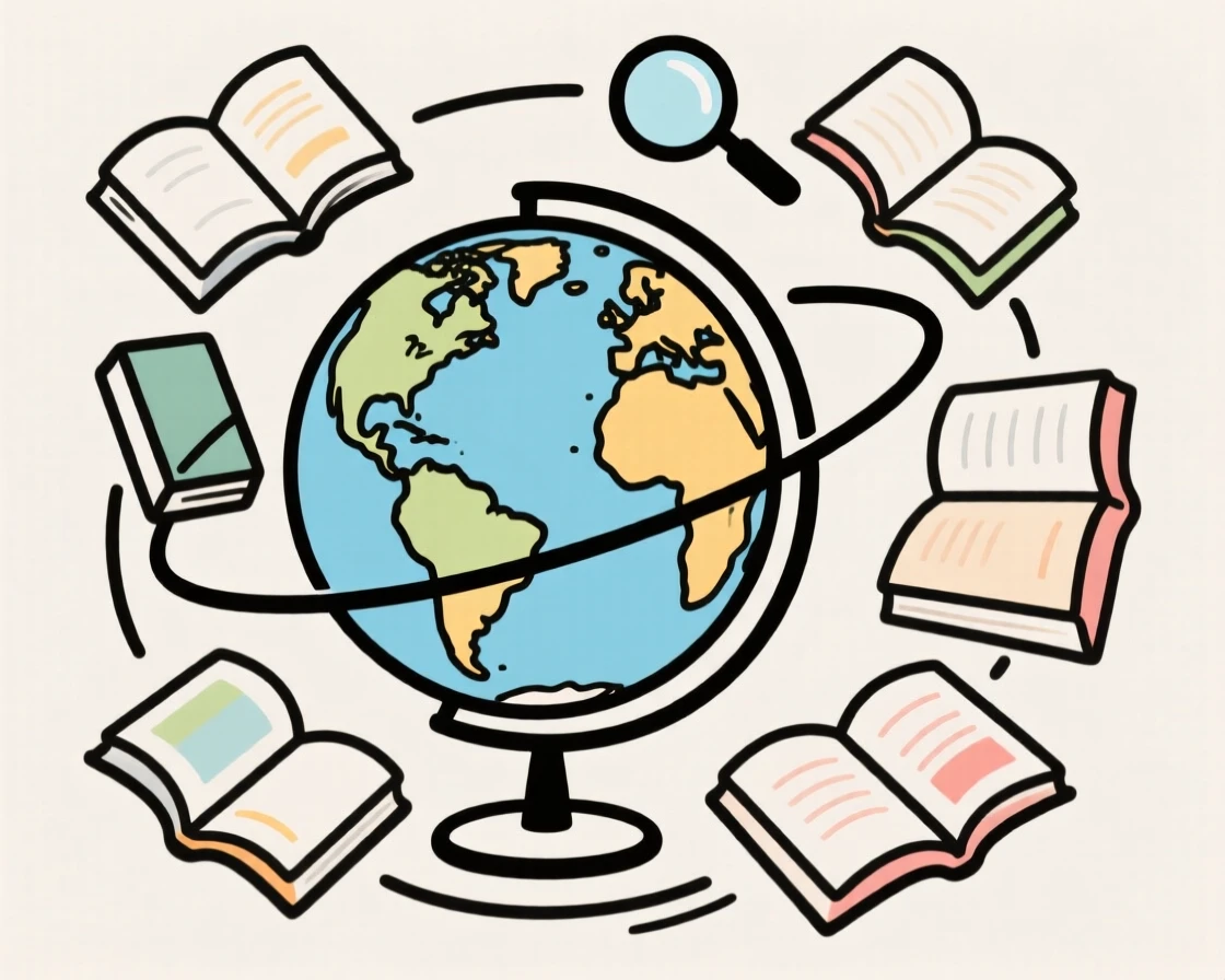 A classroom globe surrounded by open books and a magnifying glass.
