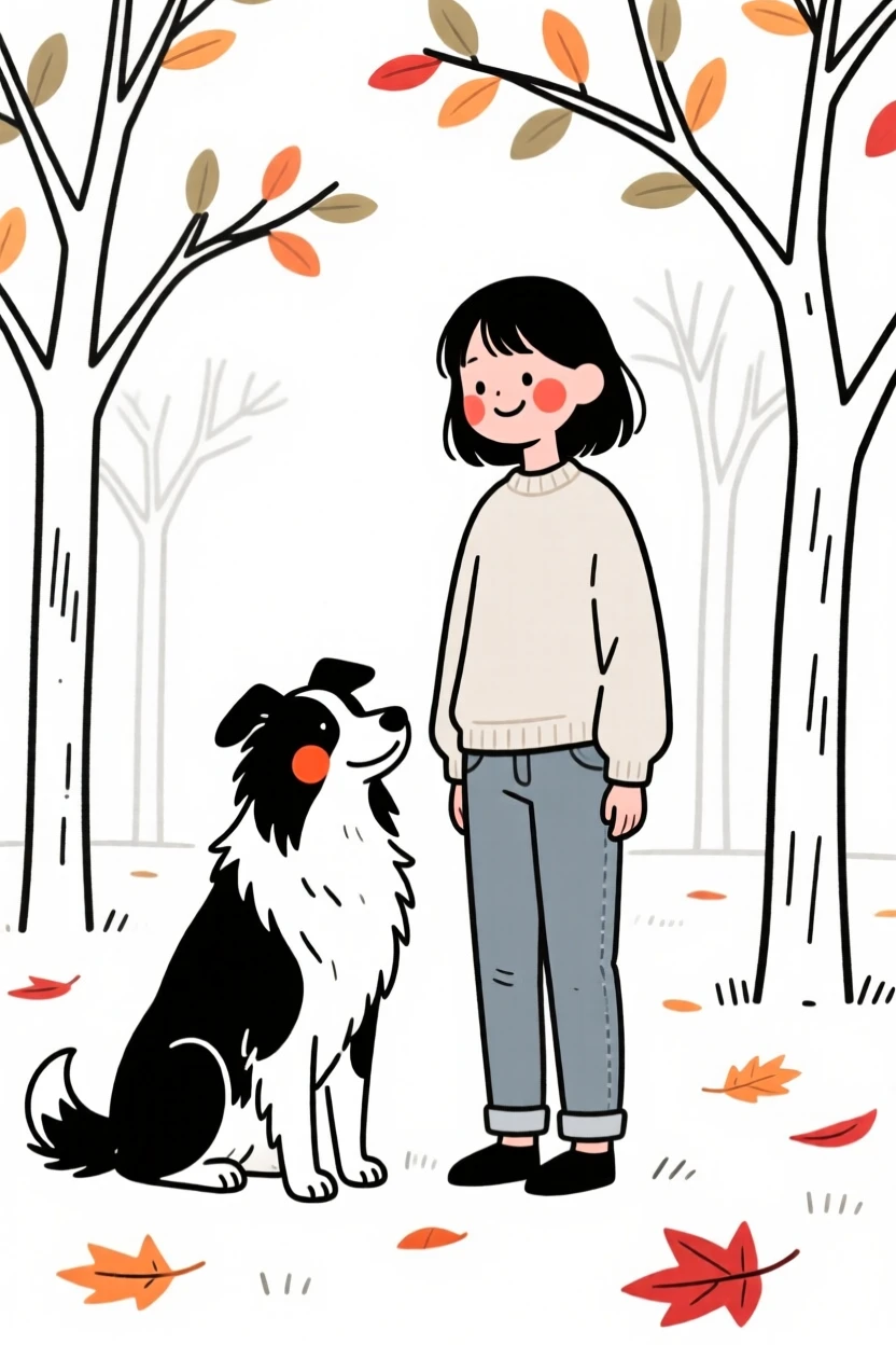 A teenage girl with a spirited border collie, smiling warmly, in an autumn orchard.