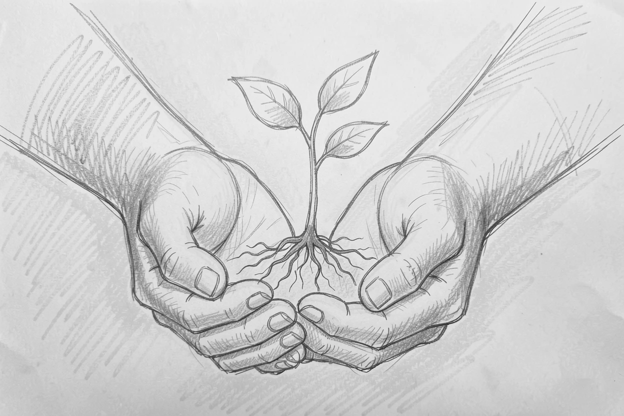 A peaceful moment of hands cupped together holding a small sapling surrounded by soft golden light, capturing a moment of pure stillness.