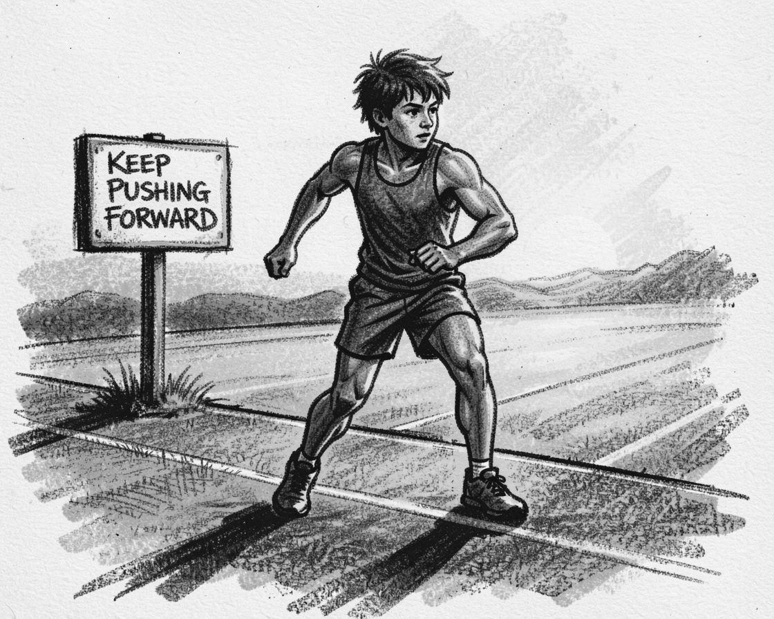 A young athlete training alone before sunrise, determined, in the warm glow of early morning light.