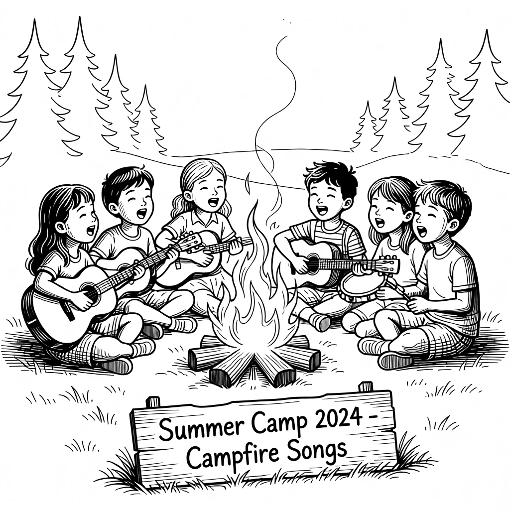 A festive summer camp campfire gathering with children singing songs together.