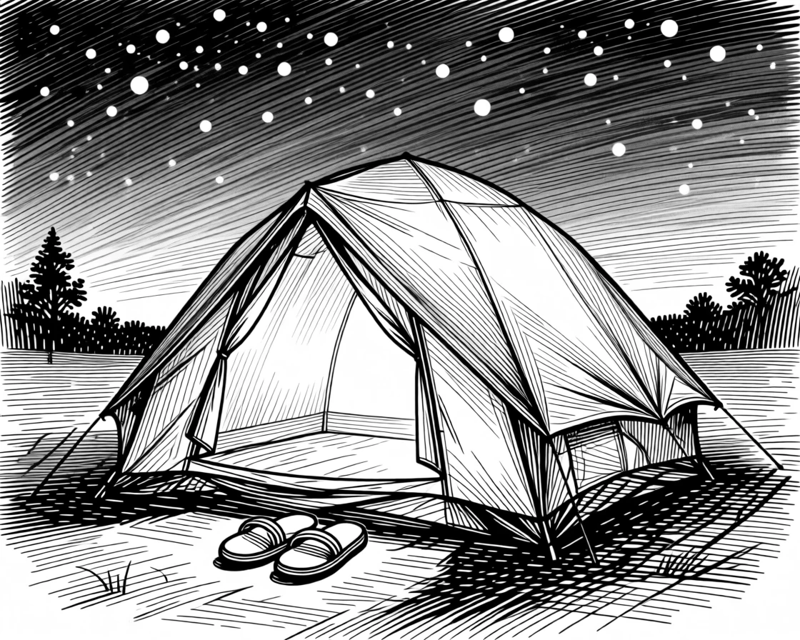 A tent glowing softly under a starlit sky as the last light of day fades gently away, with a pair of slippers resting by the door, evoking a restfully serene sense of calm.