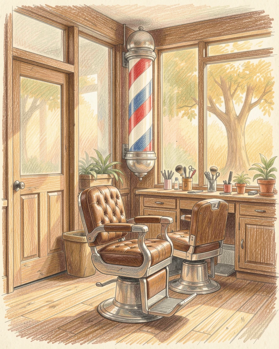 A small-town barbershop with striped pole and vintage chairs, set against a softly lit, atmospheric backdrop, evoking warmth, beauty, and a lasting sense of wonder.