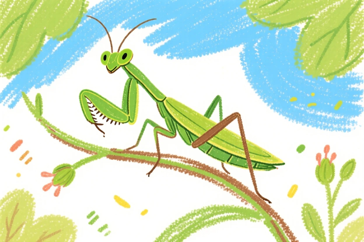 A praying mantis perched delicately on a garden stem.