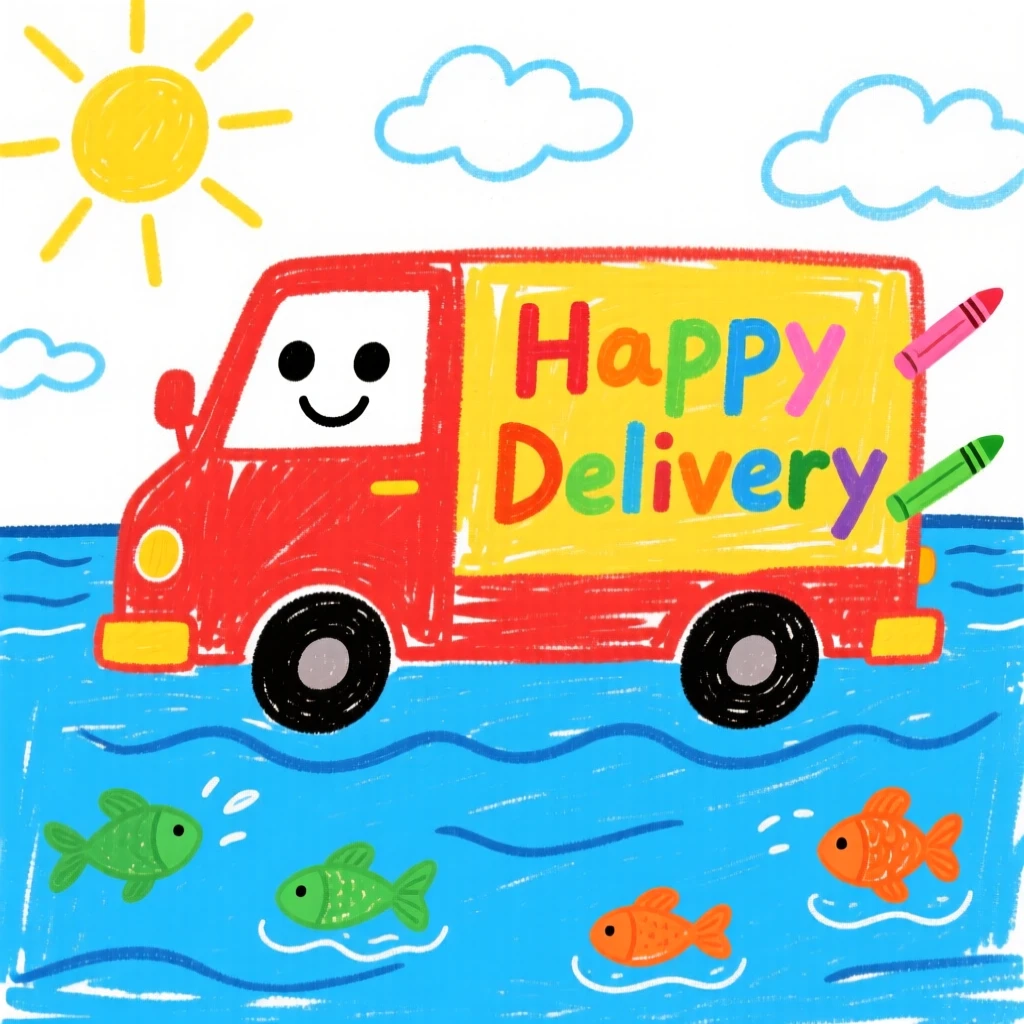 A friendly delivery van sailing across a calm blue harbor.