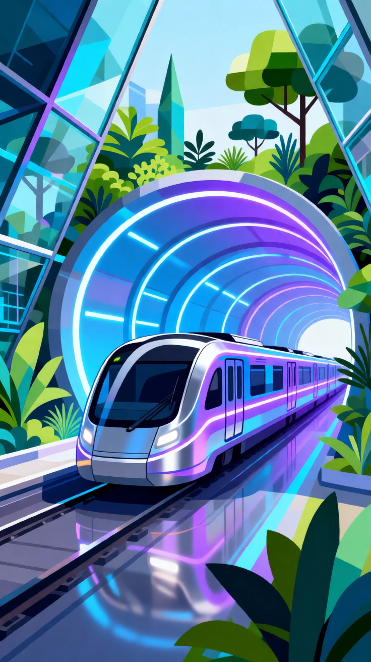 A futuristic subway train gliding through a glowing tunnel, surrounded by lush greenery blended with modern design, arranged with soft reflections adding a polished feel, with a subtle sense of wonder about future possibilities.