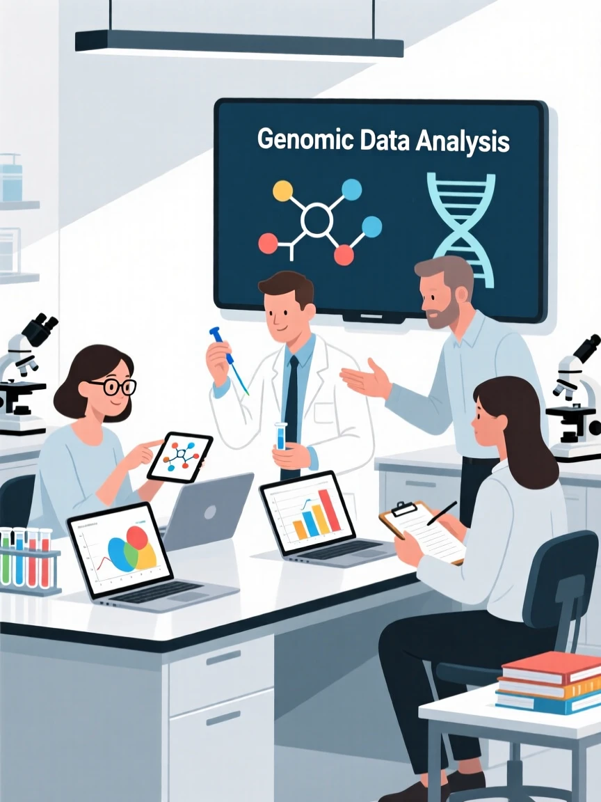 A research team collaborating on a project in a bright research lab.