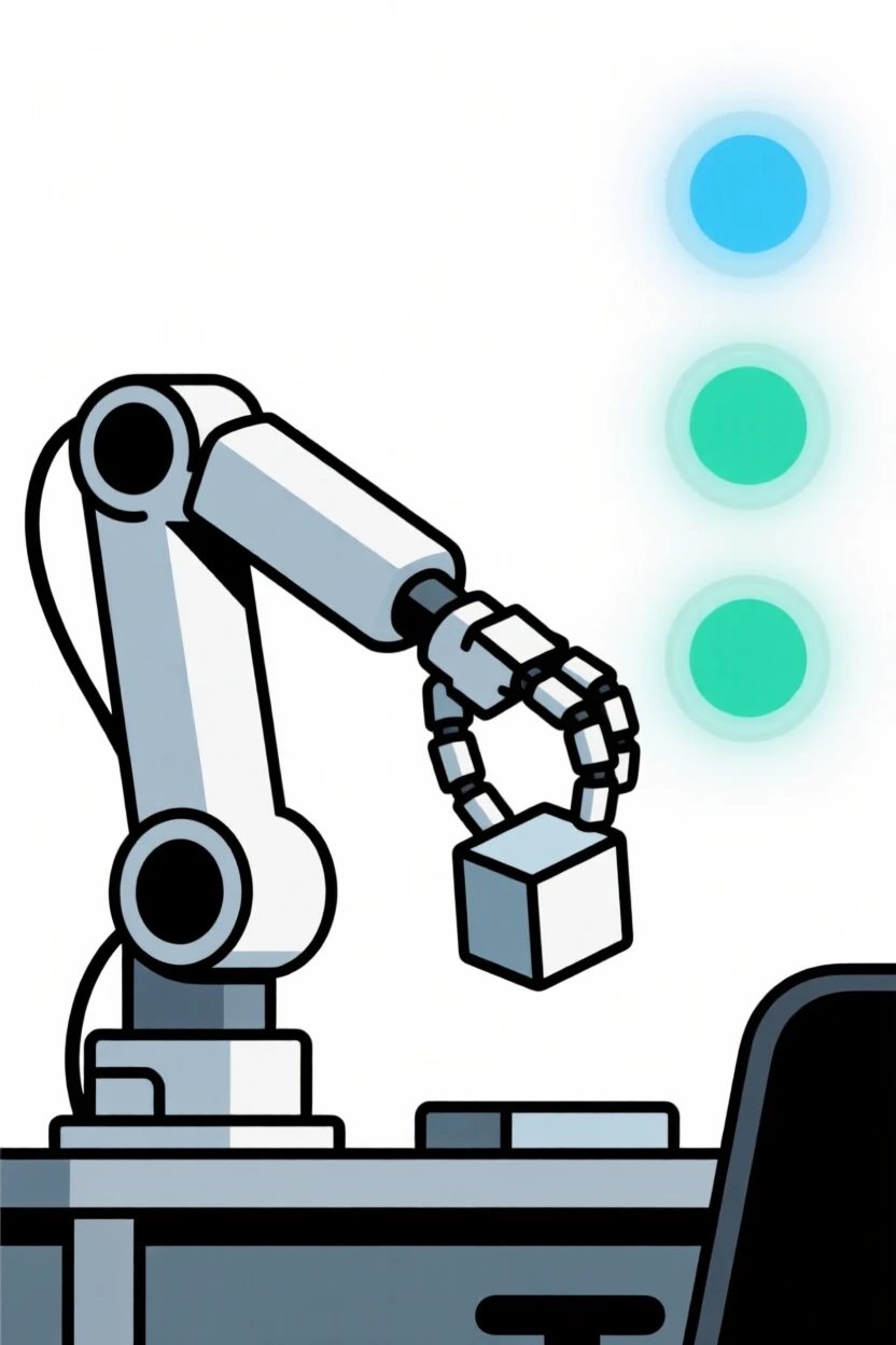A view of robotic arm assembling a product operating within a minimalist tech office, near glowing indicator lights, evoking calm technological harmony.