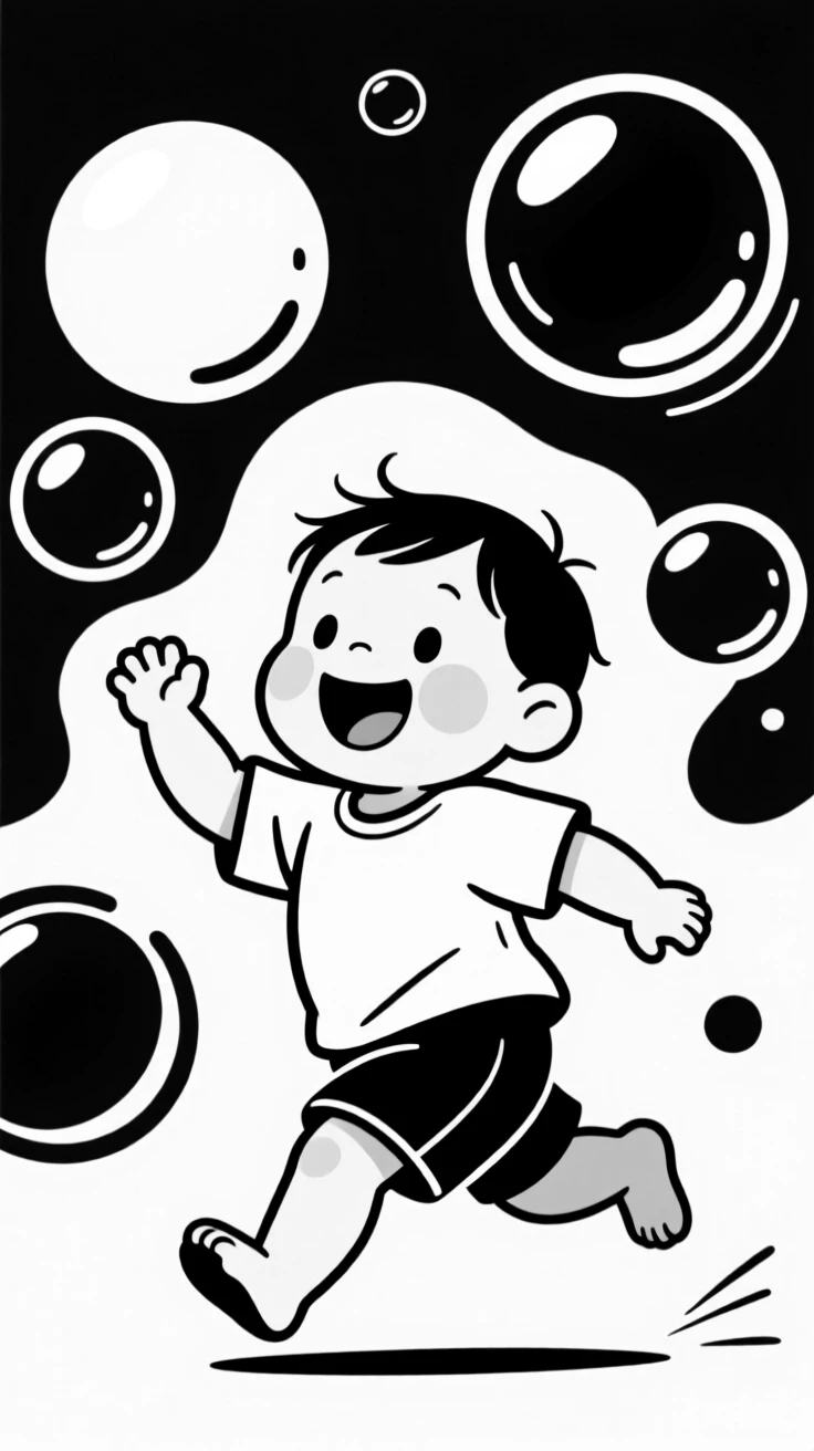 A toddler giggling while chasing bubbles.