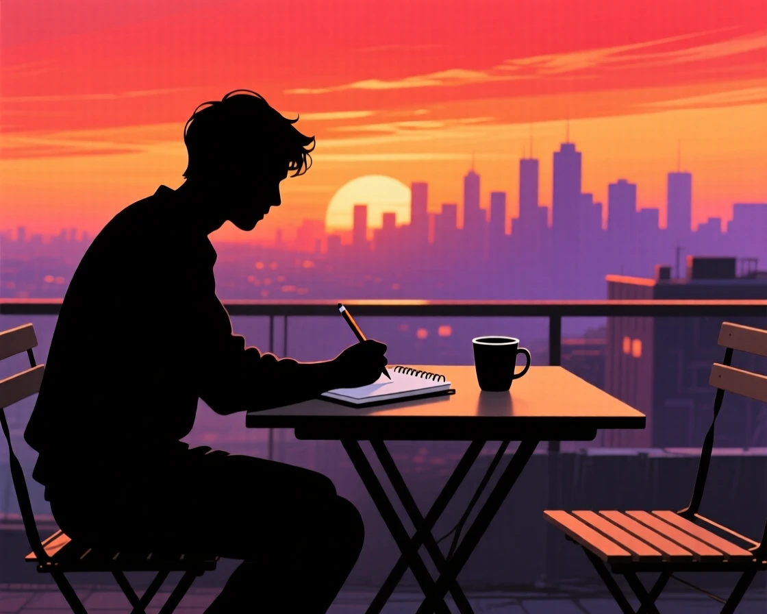 A person sketching the skyline from a rooftop cafe table.