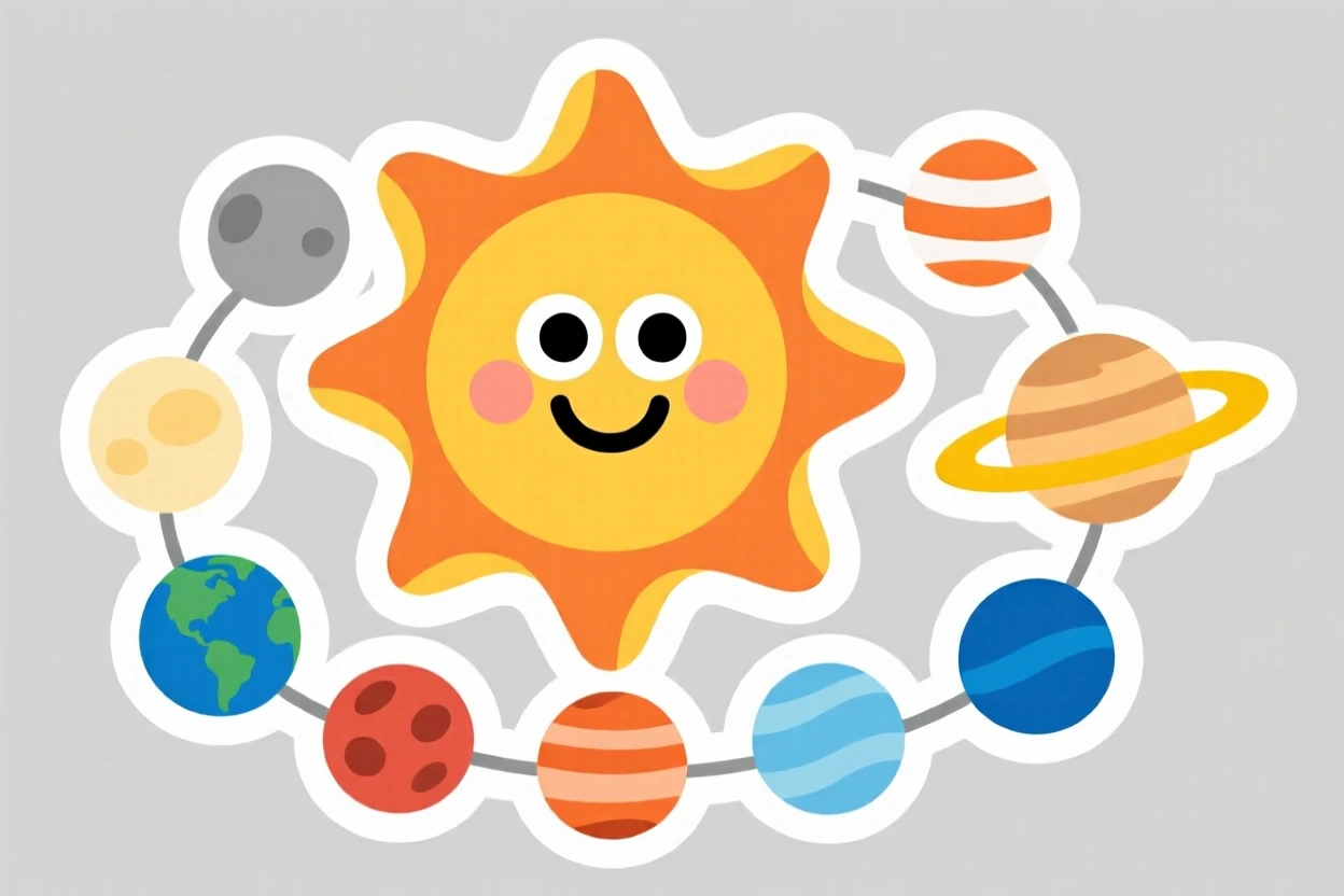 A simple and colorful smiling cartoon sun teaching kids about the solar system, with a big warm smile, in a colorful and encouraging style.