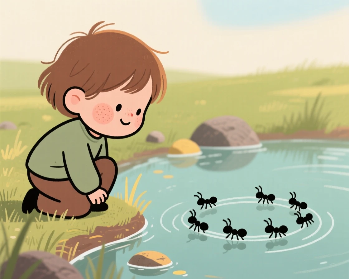 A curious small child kneels beside a trail of ants in the edge of a pond, watching intently as it spins in a lazy circle.