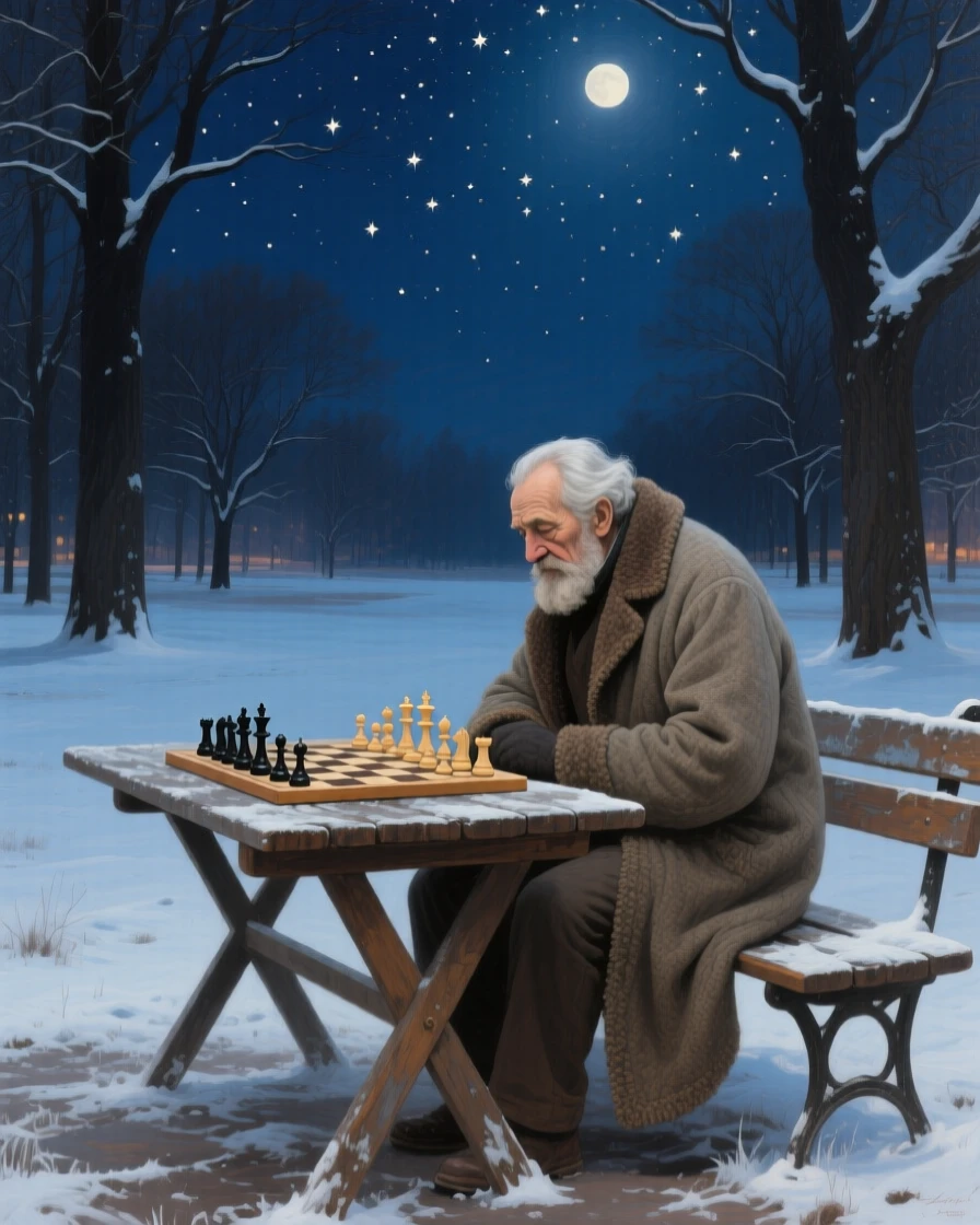 A well-framed scene of an old man playing chess alone in a quiet park, under a canopy of stars, in the quiet stillness of midwinter.