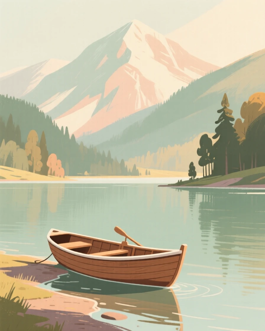 A quiet mountain lake with a single wooden rowboat at its shore