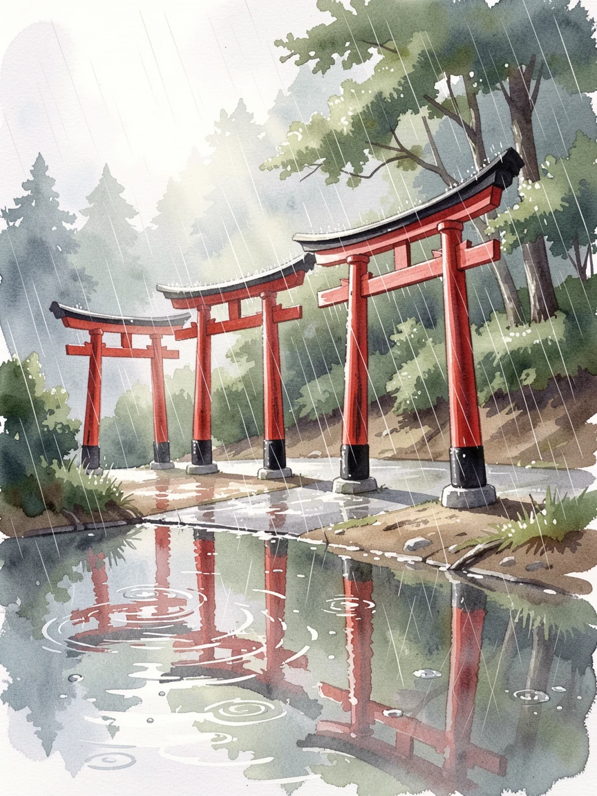 A row of red torii gates leading up a forested hill in gentle rain with reflections shimmering in the water below.