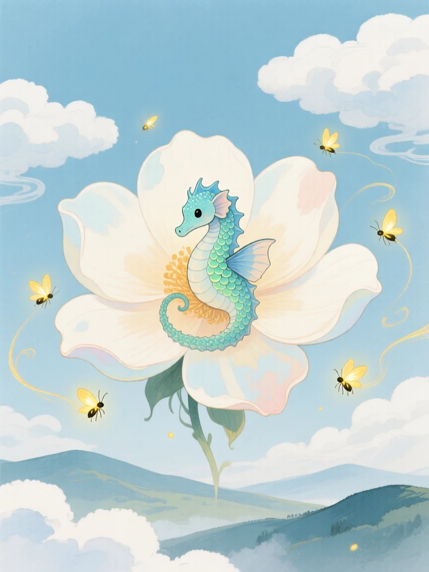 A tiny sea dragon hides inside a giant blooming flower in a cloud kingdom above the hills, while fireflies swirl through the air