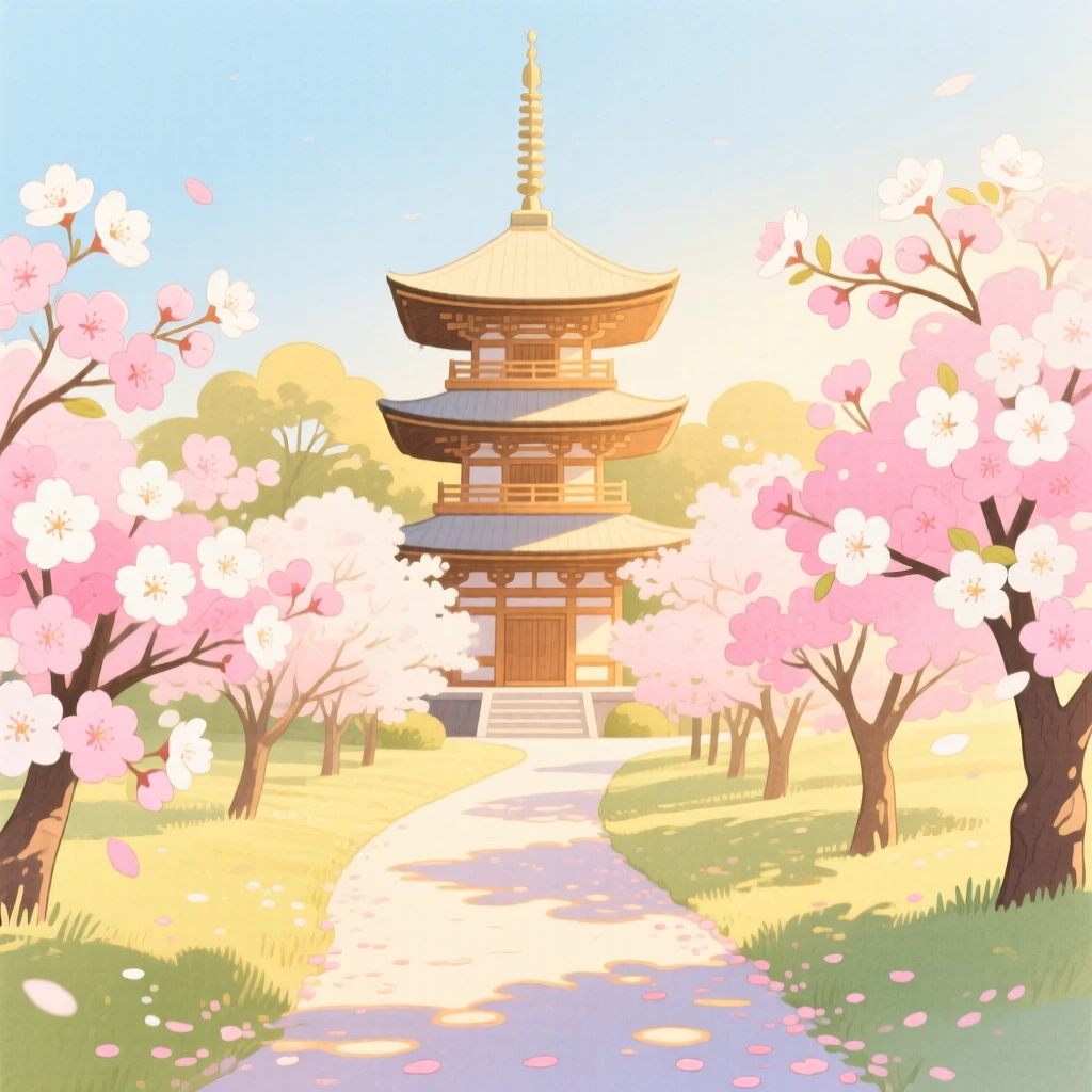 A cherry-blossom-lined path near a Japanese pagoda, glowing in warm afternoon light.