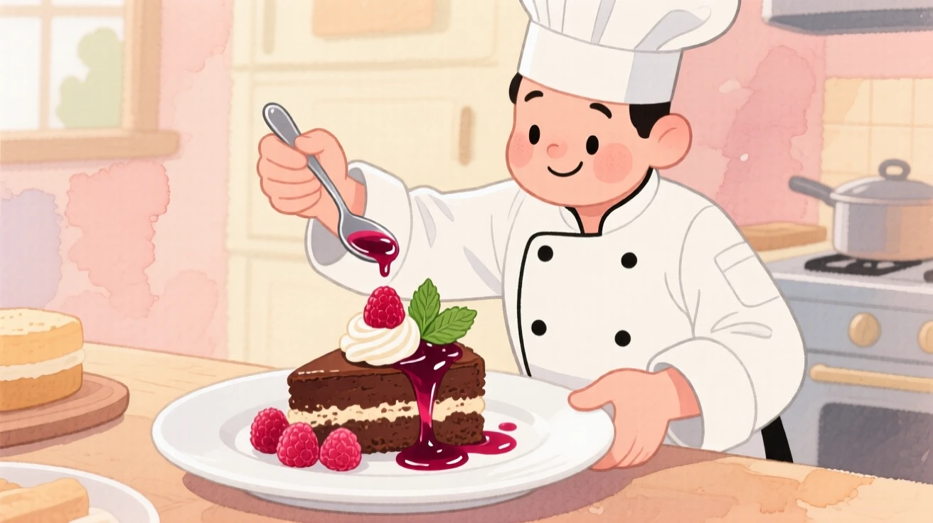 A chef plating a beautifully arranged dessert with a drizzle of berry sauce, inspiring appetite and nostalgic comfort.