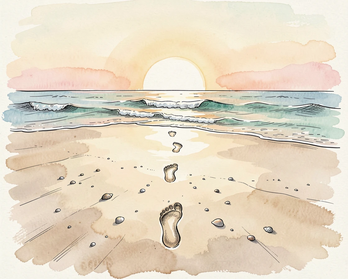 A trail of footprints leading toward a glowing sunrise on an empty beach, soft light breaking through to suggest new beginnings.