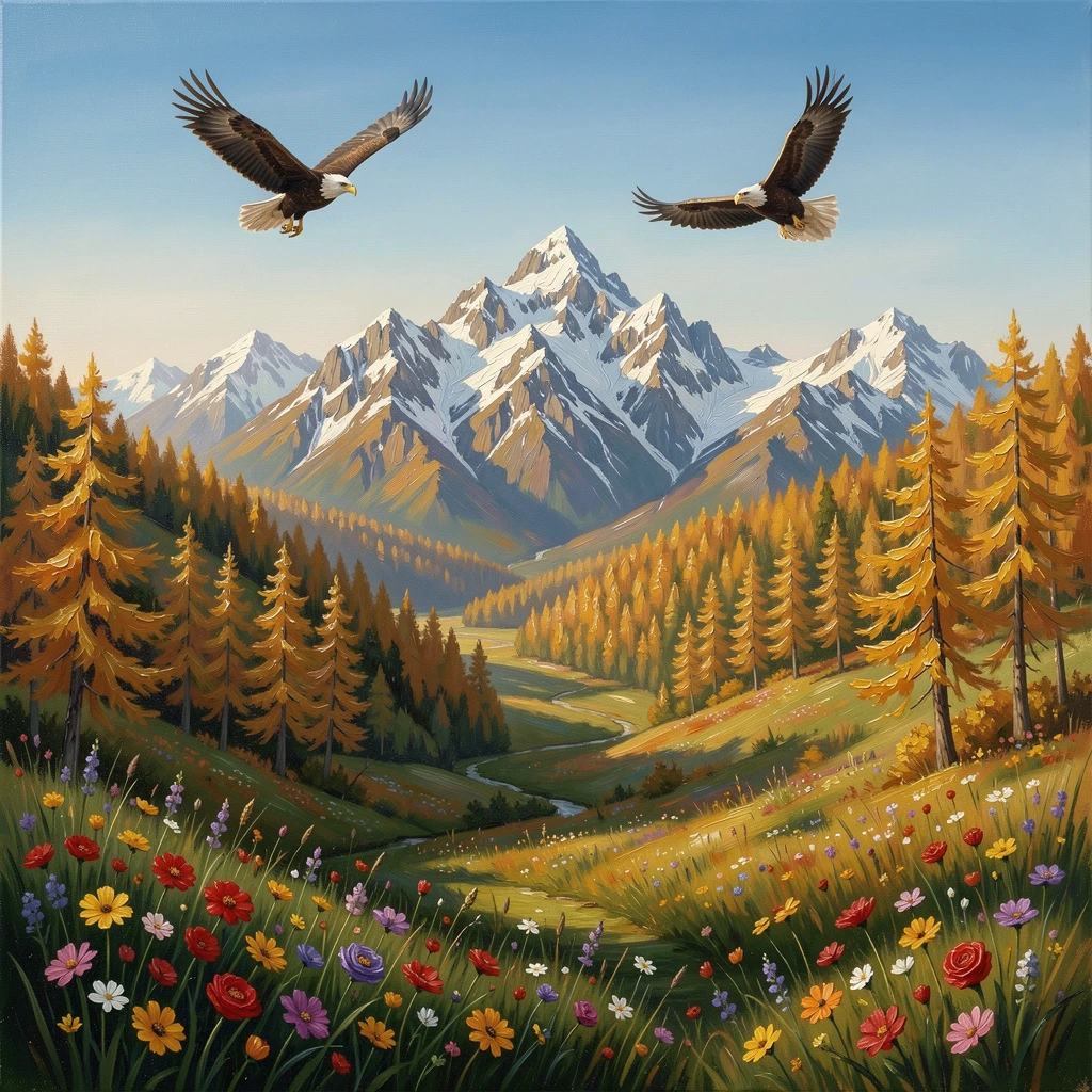 On a crisp autumn morning with golden larches far below, a jagged, snow-capped mountain range, overlooking a deep green valley dotted with wildflowers, a pair of eagles circling high above the ridgeline.