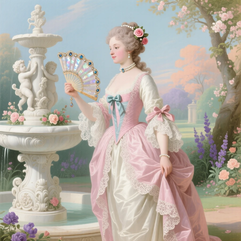A noblewoman holding a jeweled fan beside a marble fountain  
