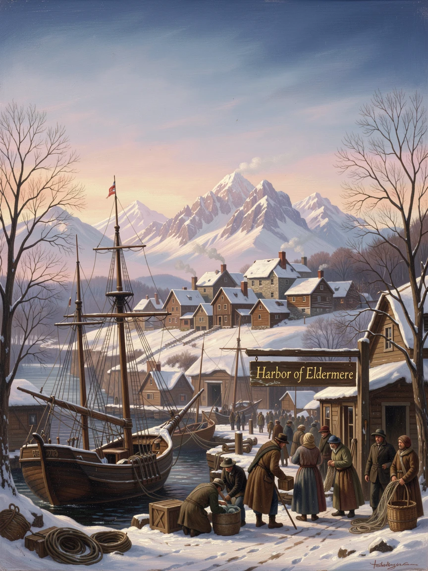 A village is silhouetted against the pale light of a winter dawn above a bustling harbor.