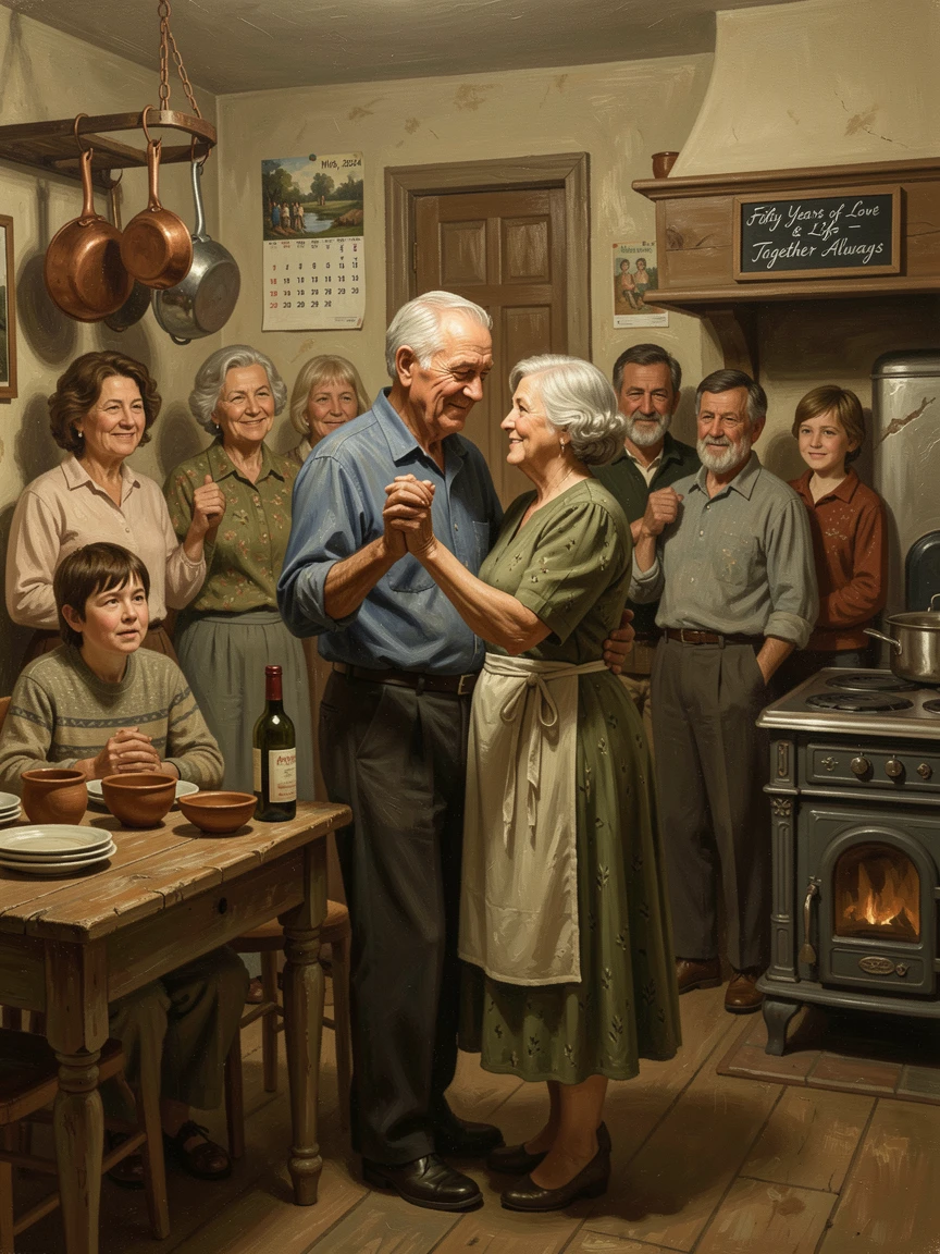 An elderly couple slow dancing together in their kitchen after fifty years of marriage, with the surrounding crowd or community sharing in the emotion, designed to inspire and uplift anyone who views it