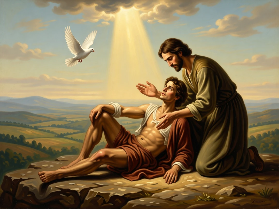 A wounded traveler receiving care and shelter from a compassionate stranger as light seems to answer a silent prayer, set atop a remote mountain overlooking an endless valley, with a single dove or beam of light marking the sacred moment; the composition places the central figure within a halo of natural light, suggesting the enduring comfort of belief and community.