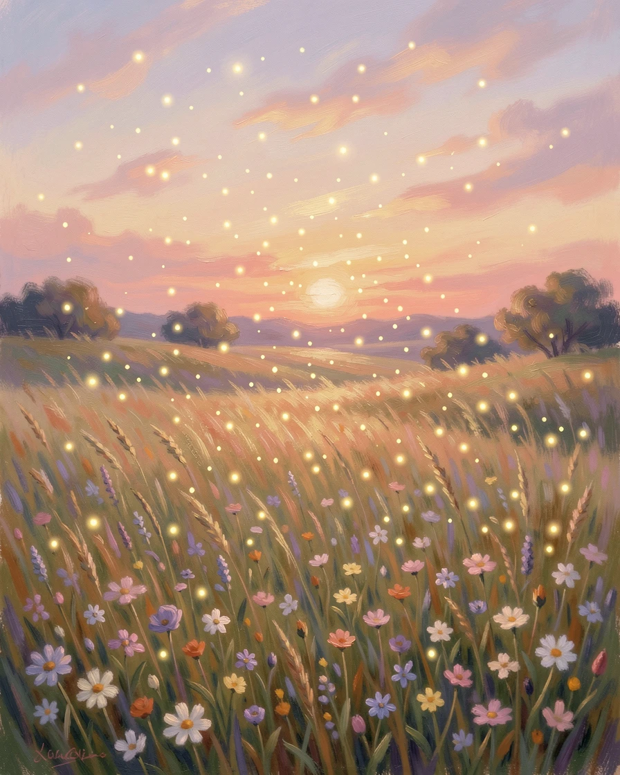 A cluster of fireflies glowing softly above a summer meadow at dusk, under a glowing sunset sky, conveying a feeling of romance and tranquility.