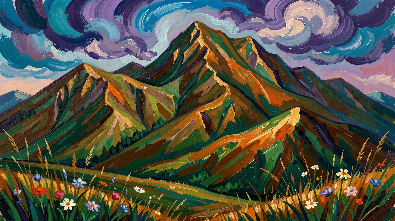 A mountain that breathes, its slopes rising and falling gently like a sleeping giant.