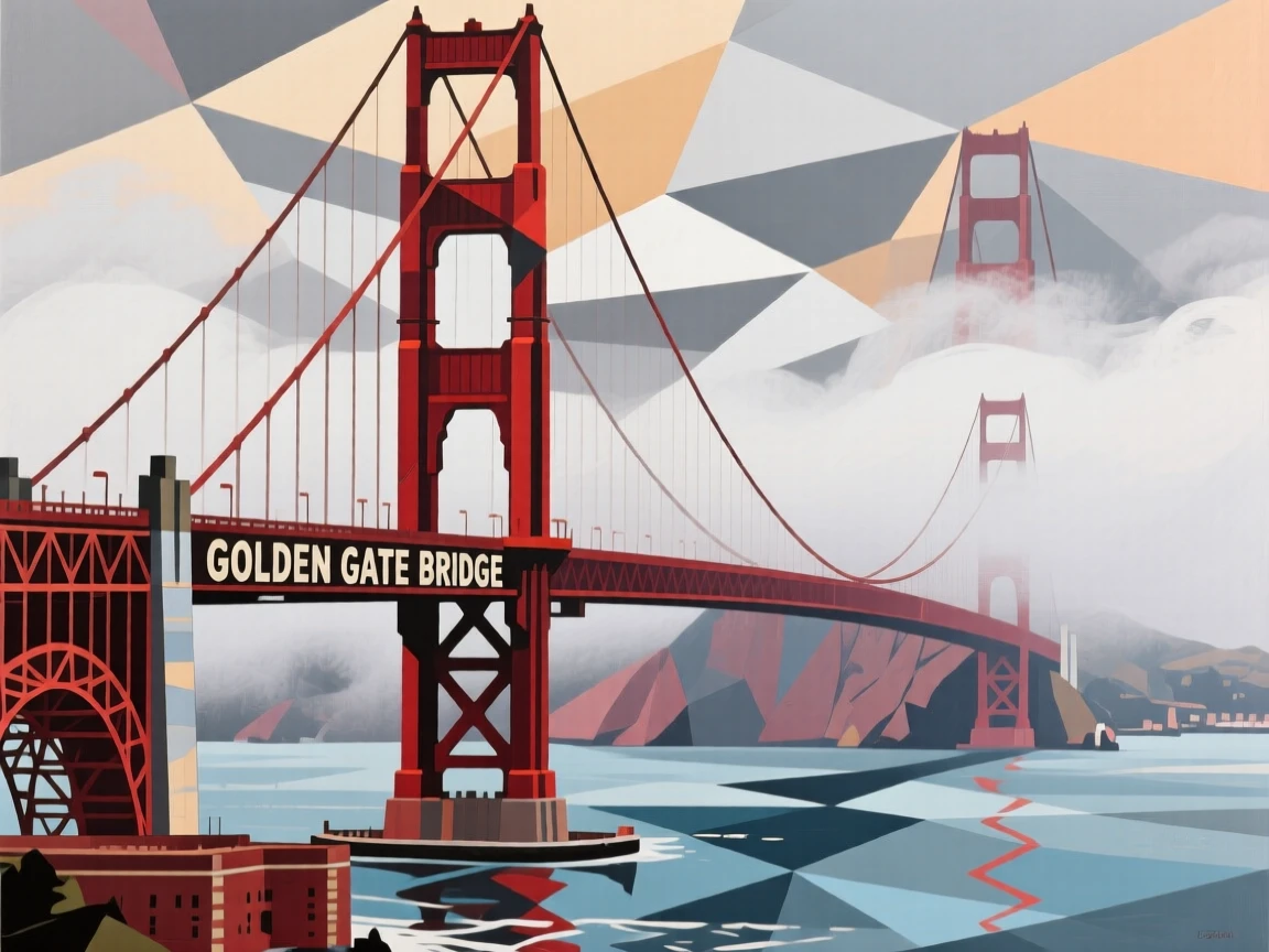 The Golden Gate Bridge emerging from rolling fog over San Francisco Bay.