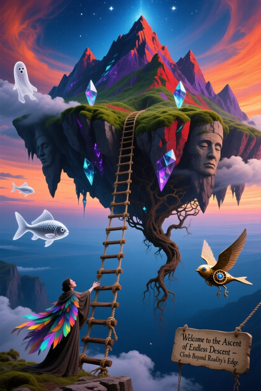 An inverted mountain range hanging from a solid sky tilts at an impossible angle without ever falling, as a rope ladder dangles into empty space below.